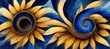 © Everlasting Dreams - Surreal ammonite swirls and petal spirals with golden yellow sunflowers and darker Prussian blue colors. Imaginative floral fresco type illustration art that is out of the ordinary and fascinating.