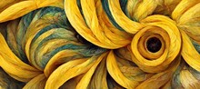 Surreal Ammonite Swirls And Petal Spirals With Golden Yellow Sunflowers And Hints Of Teal Green Colors. Imaginative Floral Fresco Type Illustration Art That Is Out Of The Ordinary And Fascinating. 