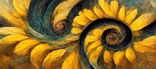 Surreal Ammonite Swirls And Petal Spirals With Golden Yellow Sunflowers And Hints Of Teal Green Colors. Imaginative Floral Fresco Type Illustration Art That Is Out Of The Ordinary And Fascinating. 