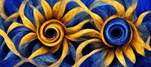 Surreal Ammonite Swirls And Petal Spirals With Golden Yellow Sunflowers And Darker Prussian Blue Colors. Imaginative Floral Fresco Type Illustration Art That Is Out Of The Ordinary And Fascinating. 