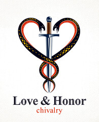 Dagger and two snakes in a shape of heart vector vintage style emblem or logo, chivalry love and honor concept, medieval Victorian style.