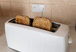 A electric toaster with two pieces of toasted sliced bread. Energy use,cost of living concept.