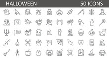 Set Of 50 Halloween Icons. Outline Thin Line Icons. Collection Of Perfectly Thin Icons For Web Design, App, Poster, Flyer And Modern Projects