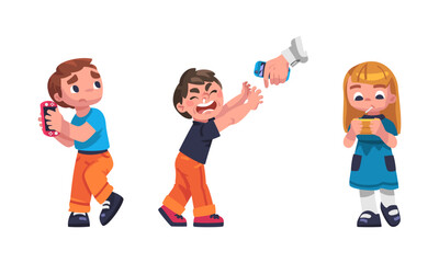 Sticker - Boy and Girl with Console Addicted to Gadget Playing Video Game Vector Set