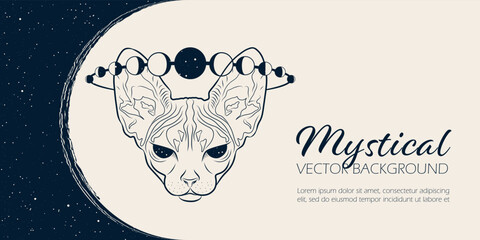 Wall Mural - Mysterious banner with sphinx cat and moon. Vector background for landing page, web design. Astrology, fortune telling, tarot reading concept. Book cover, poster. Animal spirit art