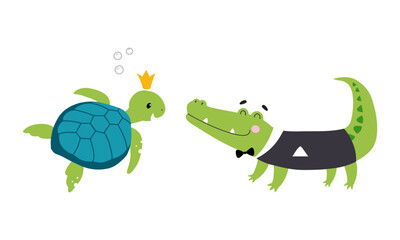 Sticker - Floating Turtle with Crown and Crocodile with Bowtie as Australian Animal Vector Set