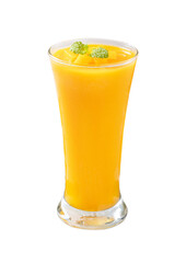 Fresh beautiful delicious mango juice smoothie in glass cup isolated on white background.