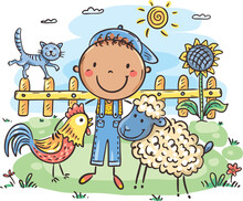 Cartoon Little Boy At Countryside With Farm Animals. Farm Scene With Child Cartoon Character And Farm Animals: Rooster And Sheep