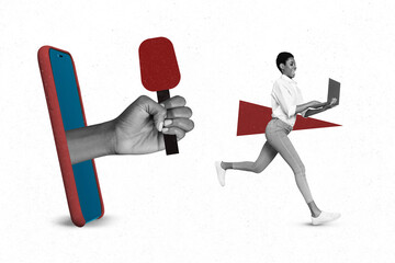 Photo artwork minimal picture of funny funky lady running away journalists questions isolated drawing background