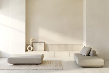 Aesthetic modern minimalist living room with a beige sofa. Decor braided carpet on concrete floor and armchair, palm trees in a wicker pot