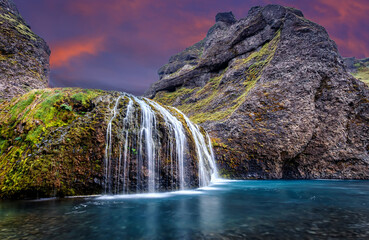 Leinwandbilder - Amazing Icelandic Landscape. Scenic image of fairy-tale canyon of river before Stjornarfoss Waterfall. Stjornarfoss waterfall is one famous natural landmark and travel destination place of Iceland