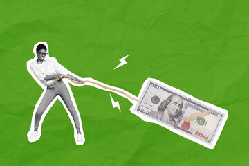 Wall Mural - Composite collage picture of hardworking small person black white colors hands pull hundred dollar banknote isolated on green background