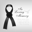 Funeral card. Black awareness ribbon with black rose flower on t