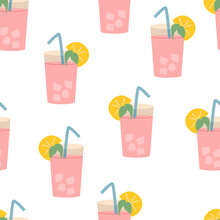 Seamless Pattern With Pink Cocktail Drinks. Summer Vector Background