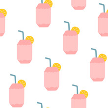 Seamless Pattern With Pink Cocktail Drinks. Summer Vector Background