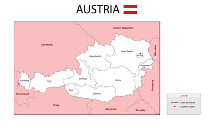  Austria Map. Political map of Austria. Austria map with neighboring countries names and borders.