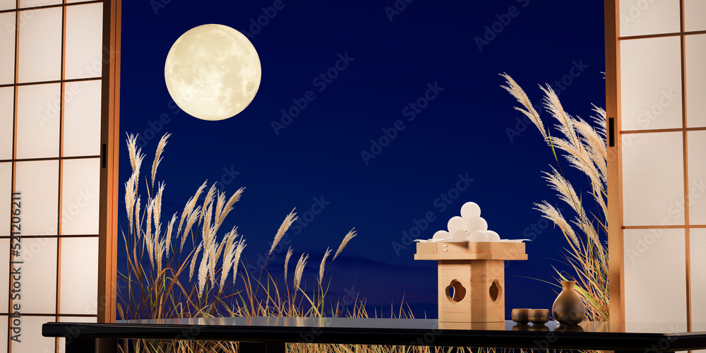 満月の夜に飾られた月見団子とススキ / 十五夜・中秋の名月・お月見の