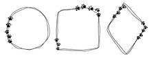 Cute Abstract Doodle Isolated Frames, Set Hand Drawn. Circle, Square, Rhombus Lines With Paws For Pets Collection.