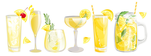 A set of cocktails with lemon.Refreshing drinks with lemon slices, rosemary, ice.Summer lemonade in a jar, lemon juice, tom Collins cocktail, French 75, limoncello.