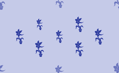 Seamless pattern of large isolated blue carnivorous plant symbols. The pattern is divided by a line of elements of lighter tones. Vector illustration on light blue background