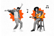 Banner Collage Of Young Guys Play Guitar Dance Wear Casual Cloth Isolated On Painting White Color Background