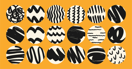 Wall Mural - Set of round Abstract colorful Backgrounds or Patterns. Hand drawn doodle shapes. Spots, drops, curves, Lines. Contemporary modern trendy Vector illustration. Posters, Social media Icons templates.