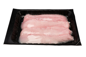 Raw rabbit breast meat in a plastic container. Isolate.