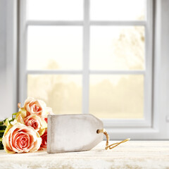 Wall Mural - White wooden worn desk and fresh flowers 