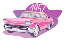 Vintage Car In Retro Style In Pink, American Convertible From The 1950s, 1957, Vector Illustration.