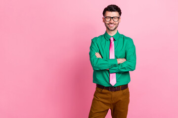 Sticker - Photo of confident attractive man dressed green shirt eyewear arms crossed empty space isolated pink color background