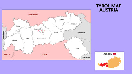  Tyrol Map. State and district map of Tyrol. Administrative map of Tyrol with district and capital in white color.