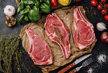 Wall Mural - Three raw beef steaks on a wooden chopping board, garlic and a sprig of rosemary