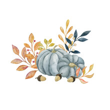 Hand Drawing Autumn Composition With Two Grey Pumpkin, Yellow Autumn Leaves And Acorns, Botanikal Illustration Isolated On White Background For Design