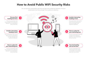 Simple infographic template for how to avoid public wifi security risks. 6 stages template with a laptop, a cell phone and two hackers as a main symbol.