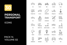 Personal Transport Icons Collection. Set Contains Such Icons As Bus, Car, Motorbike, Bicycle, And More