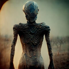 Alien creature creepy figure 3D illustration with dramatic lighting in a front position reflecting evil vibes