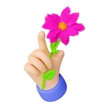 3D Illustration Of A Hand That Holds A Flower, A Flower In The Hands 3D Rendering Illustration