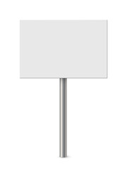 Wall Mural - Empty metal sign post vector illustration. Realistic 3d blank steel signboard with blank placard for information and white plank, billboard panel on bollard, guidepost isolated on white background.