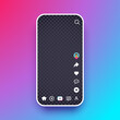 Social media tiktok interface. Phone screen ui mockup with like icon, search, home button, add new video button on gradient background. Photo or video frame for mobile app. 3D vector illustration.
