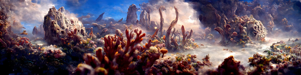 Artistic concept of painting a beautiful underwater coral reef. Tender and dreamy design, background