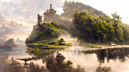 Wall Mural - Artistic concept painting of a beautiful wilderness landscape, with a picturesque castle in the background. Tender and dreamy design, background illustration.