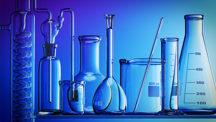 Wall Mural - glass chemistry lab equipment on blue background. chemistry lab concept. 3d