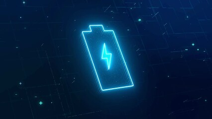 Wall Mural - Digital lithium-ion rechargeable battery symbol, high voltage charging energy storage with glowing blue neon lightning particle icon, 3d rendering futuristic alternative energy technology concept