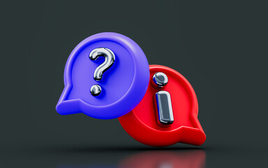 Wall Mural - speech bubble sign question mark with exclamation on dark background 3d render concept for attention