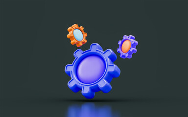 Wall Mural - gear sign with two small gear tools on dark background 3d render concept for technical support