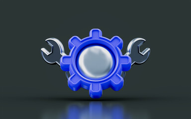 Wall Mural - gear sign with two wrench on dark background 3d render concept for technical machine repair