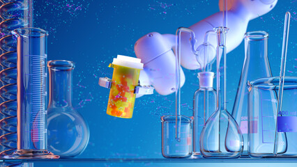 Wall Mural - modern high tech authentic robot arm holding bottle of pills.