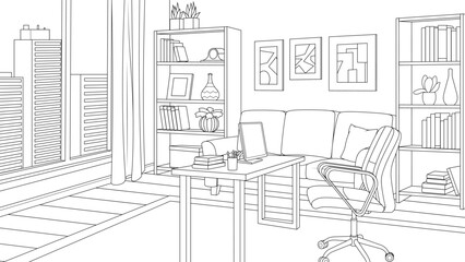 Wall Mural - Vector illustration, home office in loft style, in the big city