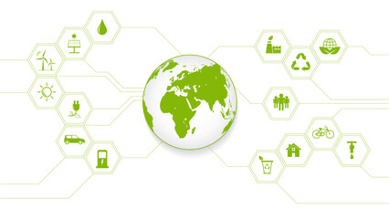 Wall Mural - Green global Business template background with icons for Eco friendly and Sustainability concept with flat icons, vector illustration