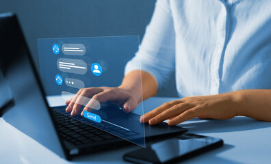 Customer using online service with chat bot to get support. Chatbot conversation concept. Virtual assistant and CRM  software automation technology.